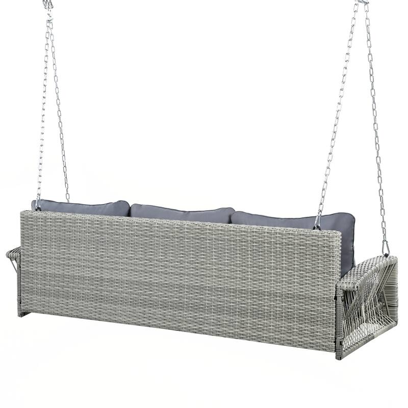 Wicker 3-Person Porch Swing with Chains, Large Patio Swing Bench with Cushions for Backyard, Garden, and Poolside