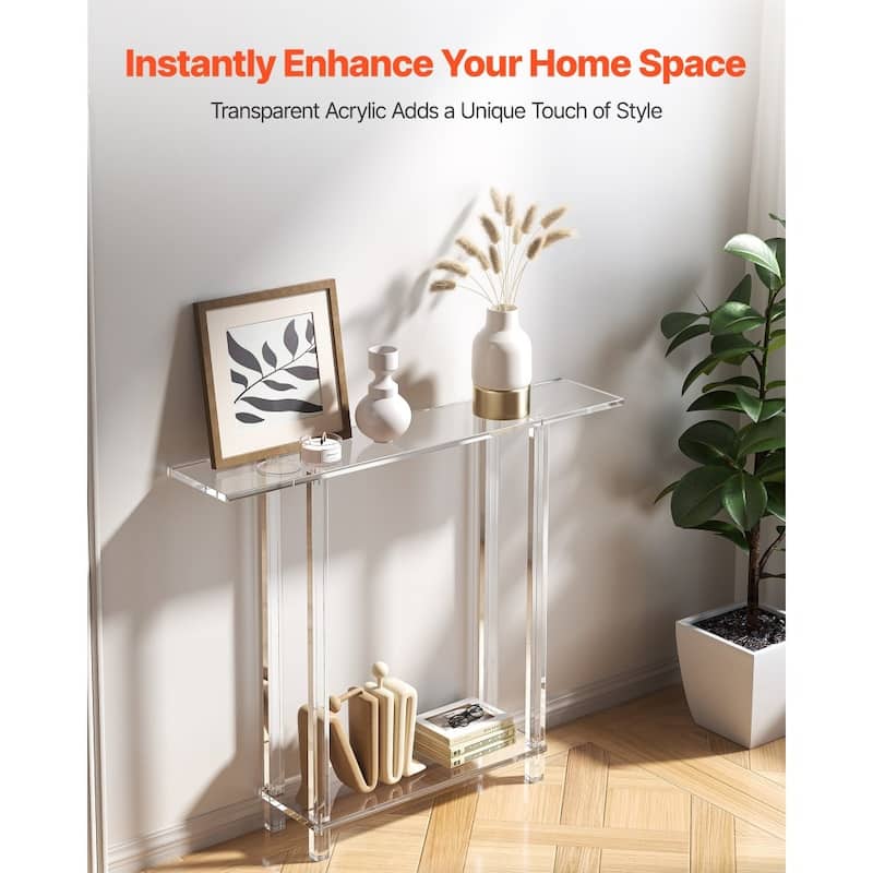 Clear Acrylic 2-Tier Console Table with Sturdy Metal Connectors and Storage - 7.6 x 39.4 x 31.5 in