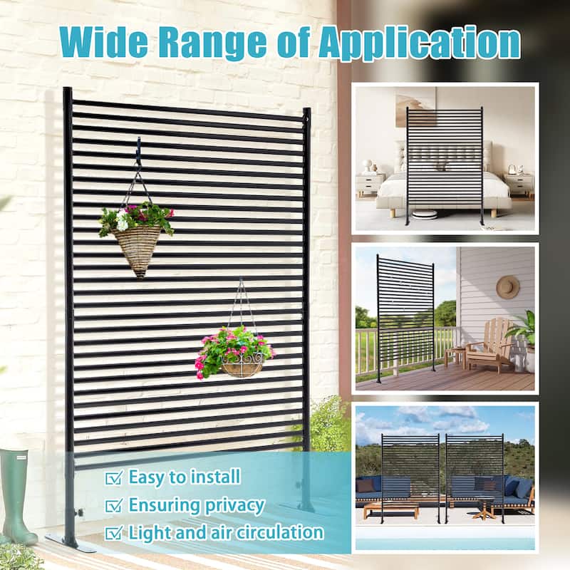 71"x46" Freestanding Outdoor Privacy Screen - Metal Slatted Fence Panel with Stand, Black - 44.1"L x 15.75"W x 71.26"H