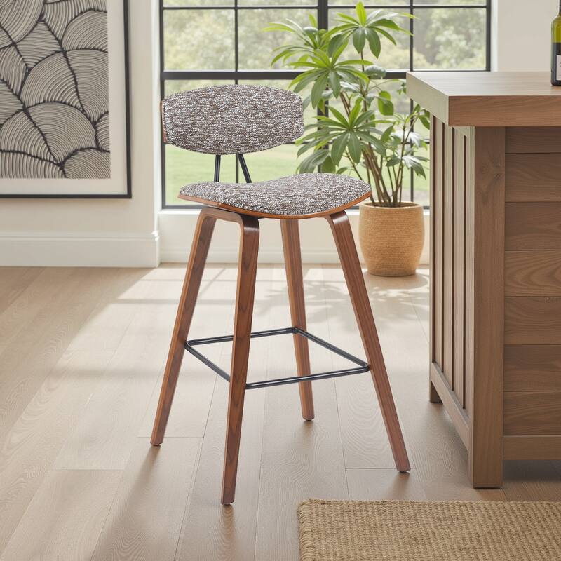 Fox Mid-Century Bar Stool, Upholstered Counter Height Chair with Bentwood Legs - Speckled Brown & Walnut - Bar Height
