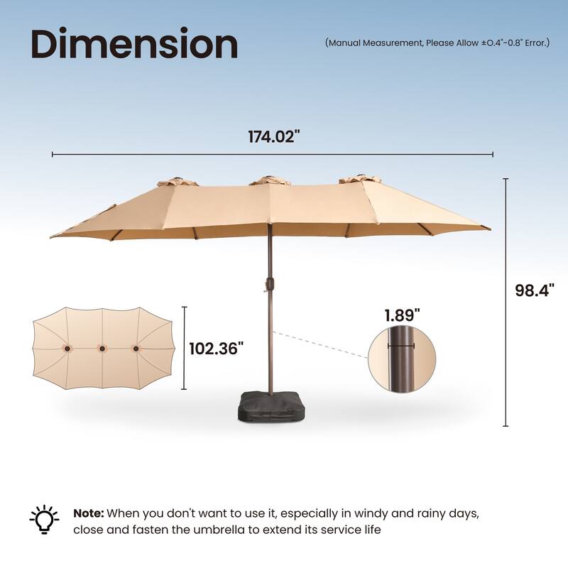 ​OVIOS 15ft Double-Sided Patio Umbrella with Crank & Weighted Sandbag Base