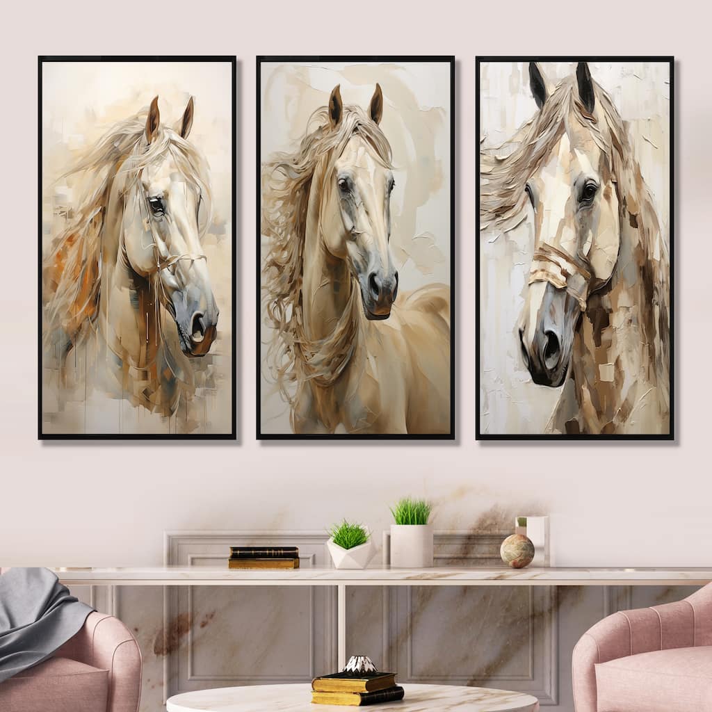 Designart "Sophisticated Horse Portrait" Horse Framed Canvas Set of 3 - Modern Wall Art Set Beige Wall Decor 3 Pieces