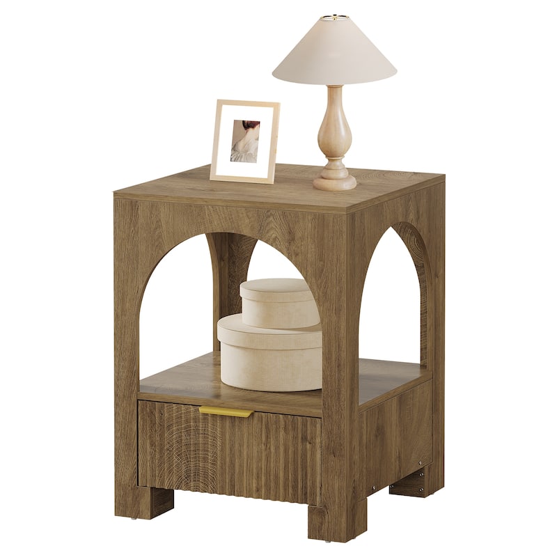 Wood Nightstand with Drawer & Open Shelf, 2-Tier Side Table, End Table, Bedside Table for Bedroom, Living Room