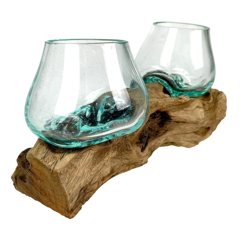10.5" Double Molten Glass Bowls On Driftwood Hand Blown Planter