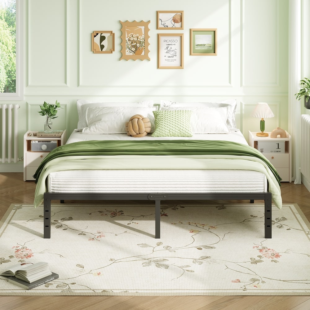 Heavy-duty 14-inch metal platform bed frame with non-slip mattress design, no spring box required.