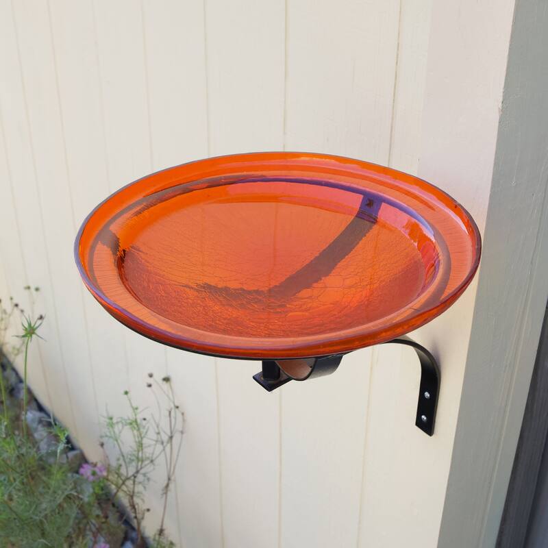 Achla Designs Reflective Crackle Glass Birdbath Bowl With Wall Mount Bracket, 12.5 Inch Diameter, Mandarin Orange