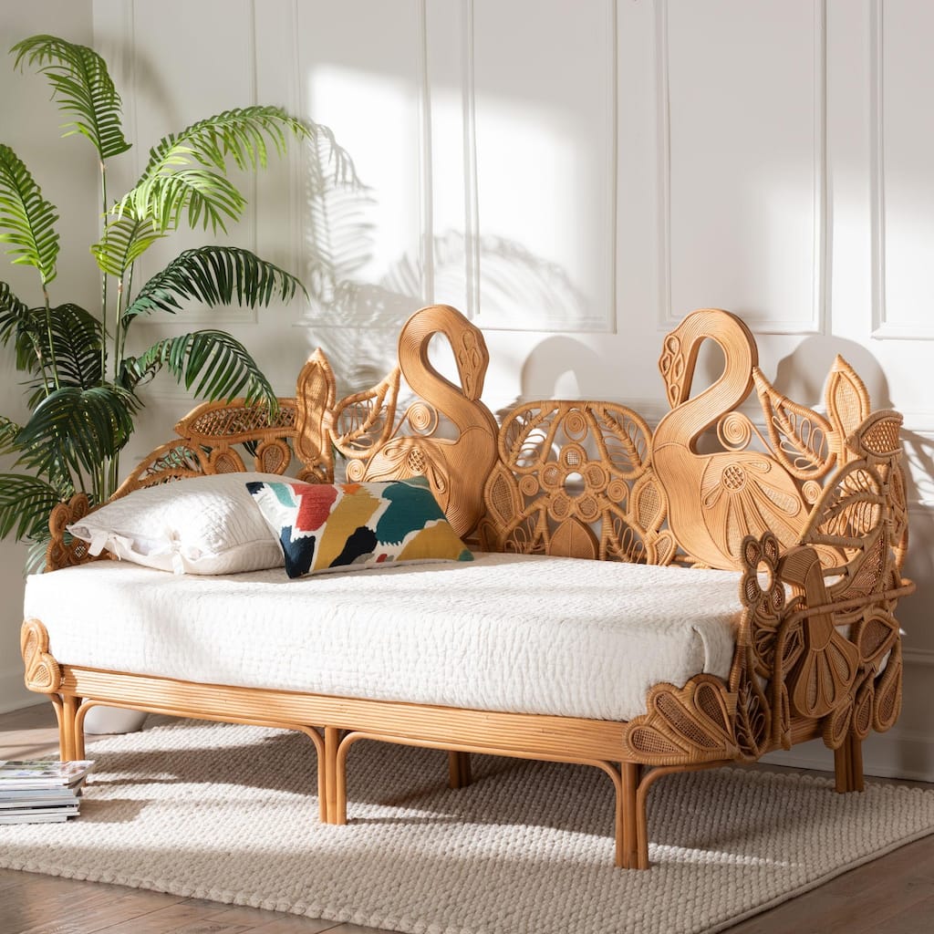 Aves Natural Rattan Daybed with Decorative Flamingo Frame - Handwoven Wicker Lounge Bed with Boho Coastal Frame, Twin
