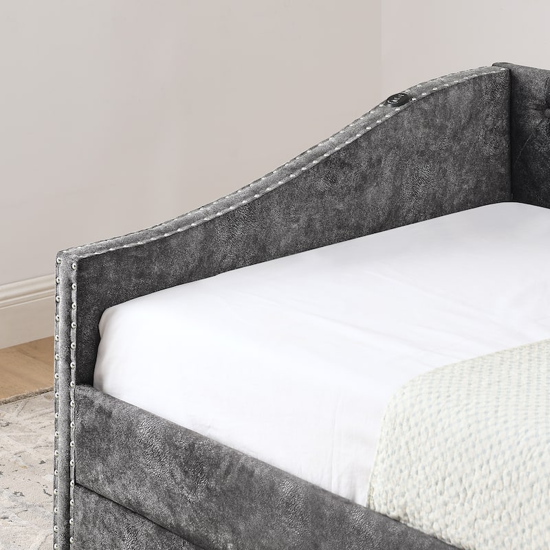 Twin Size Daybed with Pull Out Bed Trundle, Upholstered Button-Tufted Backrest Sofa Bed with Nailhead Trim & USB Charging Ports