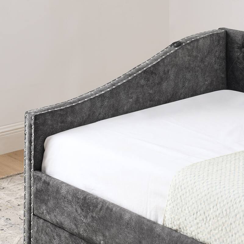 Twin Size Extendable Daybed with Pull-Out Bed, USB Charging Ports, Button Tufted Back & Nailhead Trim