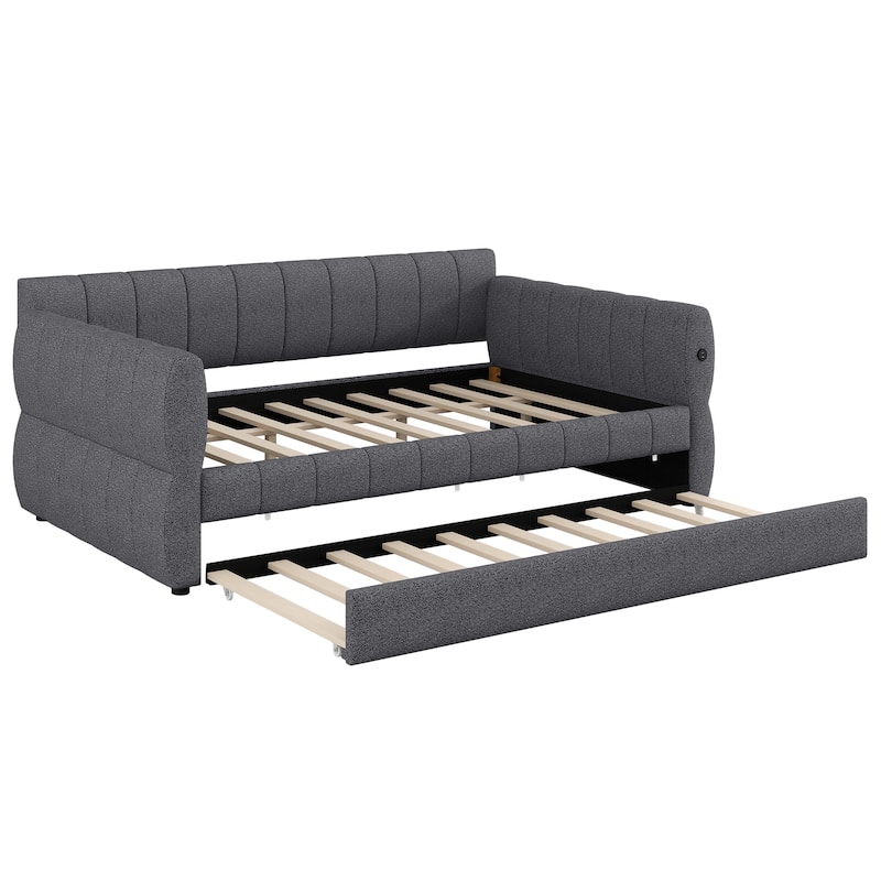 Modern Fabric Upholstered Daybed Queen Size Sofa Bed Frame with Backrest and Armrests, USB Charging Ports, No Box Spring Needed