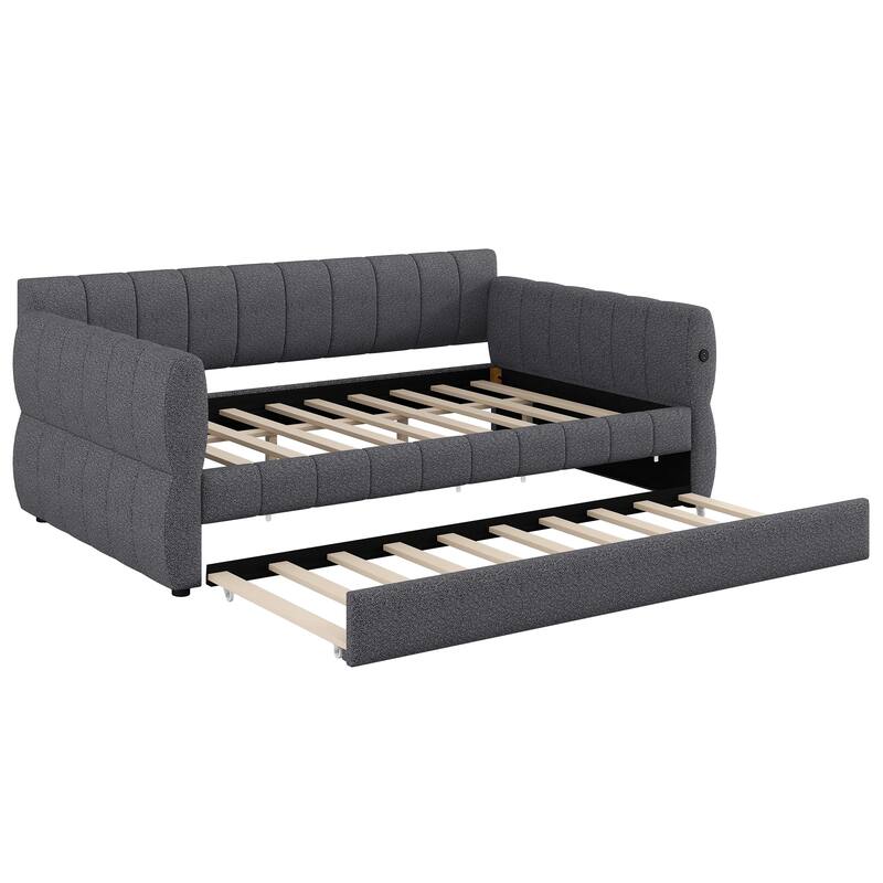 Queen Size Upholstered Daybed with USB and Optional Platform Storage Bed with 2 Drawers or Low Profile Sofa Bed with Trundle Bed