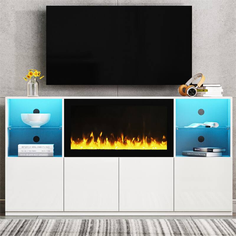 Modern High Gloss TV Stand with 34.2" Non-heating Electric Fireplace, LED Lighting for TVs up to 75"
