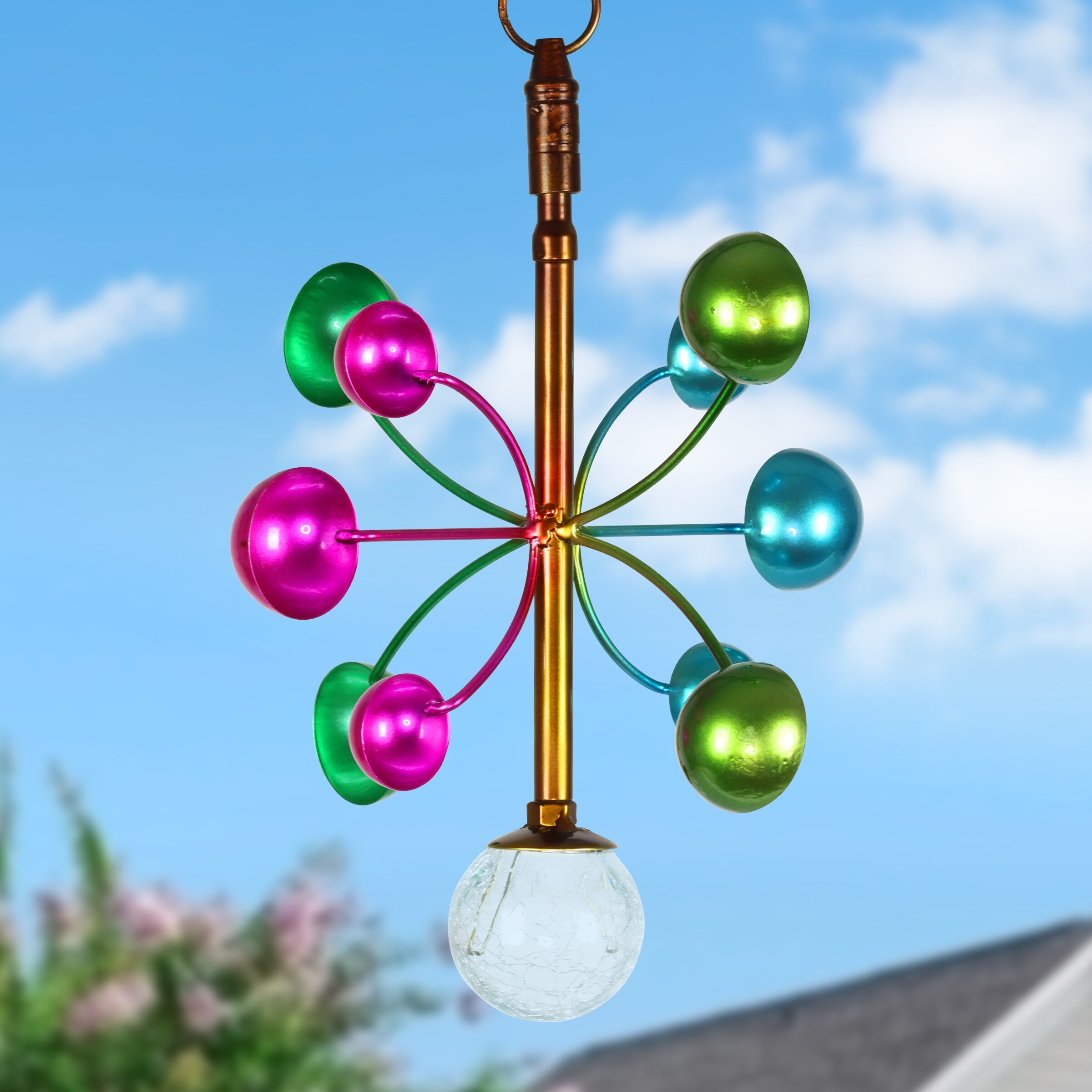 Exhart Art-In-Motion 2 Tiered Colorful Hanging Metal Cup Spinner with Glass  Crackle Ball