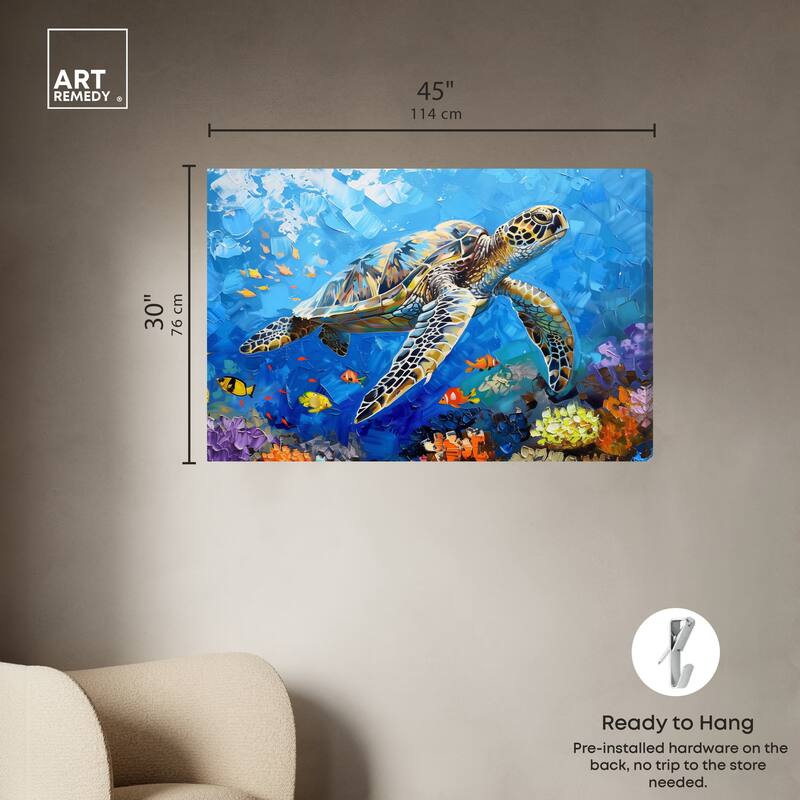 Art Remedy Turtle Swimming Gallery Wrapped Colorful Coastal 1 Piece Canvas Wall Art