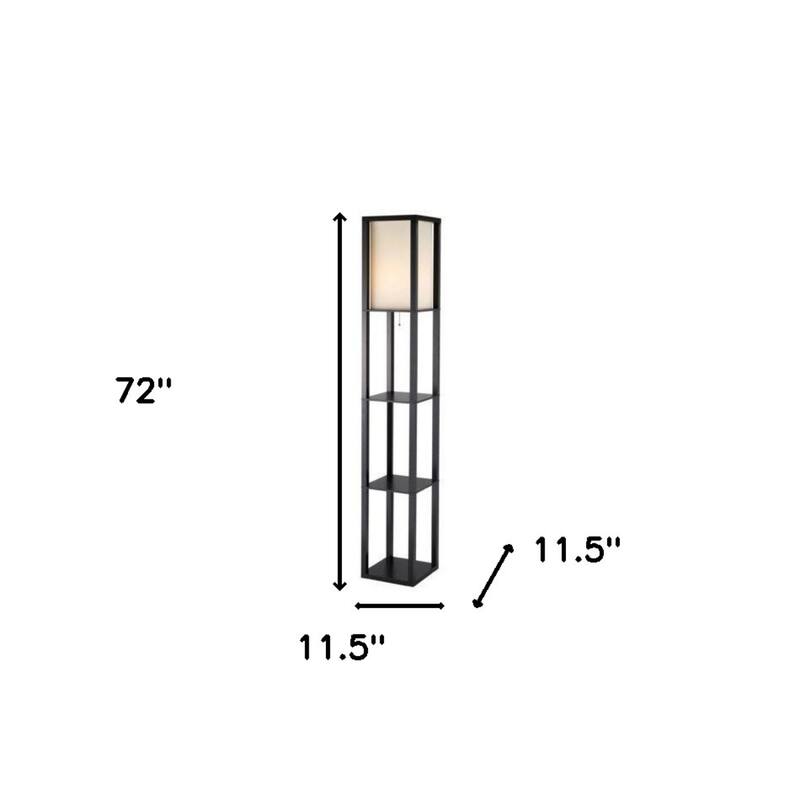 Black and White Solid Wood Column Floor Lamp with Cotton Shade and Pull Chain - 11.5” x 11.5” x 72” (D x W x H)