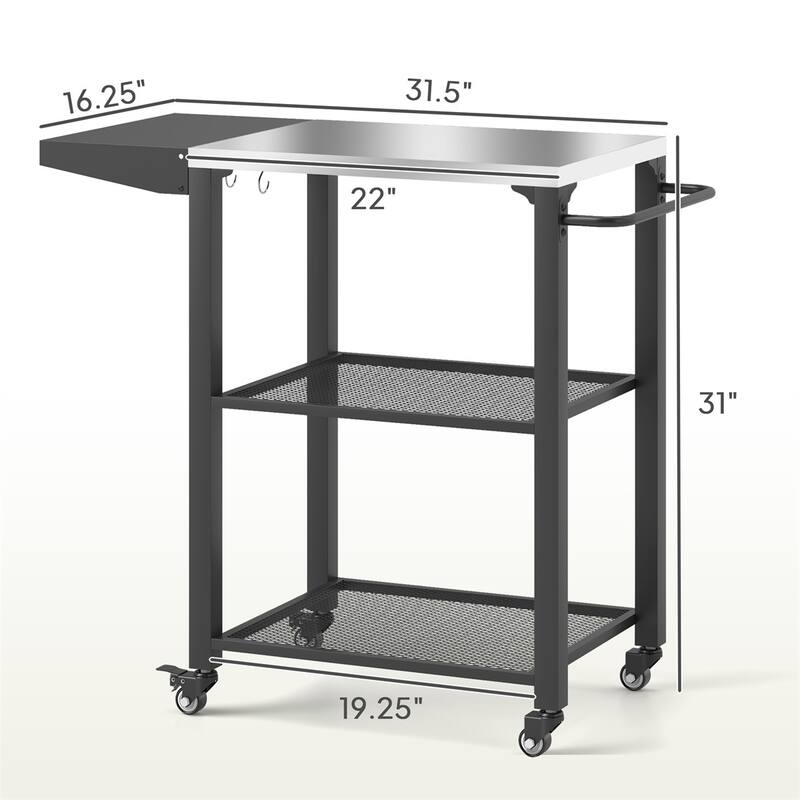 Silver and Black Stainless Steel Grill Cart with Foldable Side Table, Hooks, Grid Shelves - 31.5" L x 16.1" W x 31.1" H