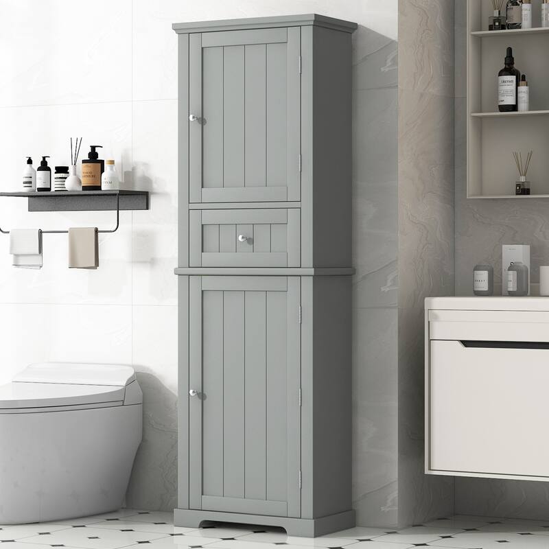 Modern Floor Storage Cabinet Freestanding Cabinet with Adjustable Shelves and Drawer for Bathroom, Living Room, or Bedroom - Grey