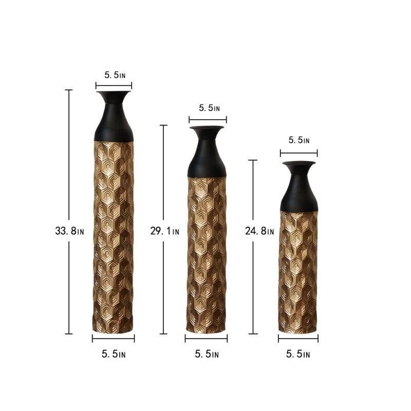 Set of 3 Glamorous Floor Vases, Gold & Black Textured Metal Cylinder Vases for Modern Home Decor (24.8", 29", 33.8" Heights)