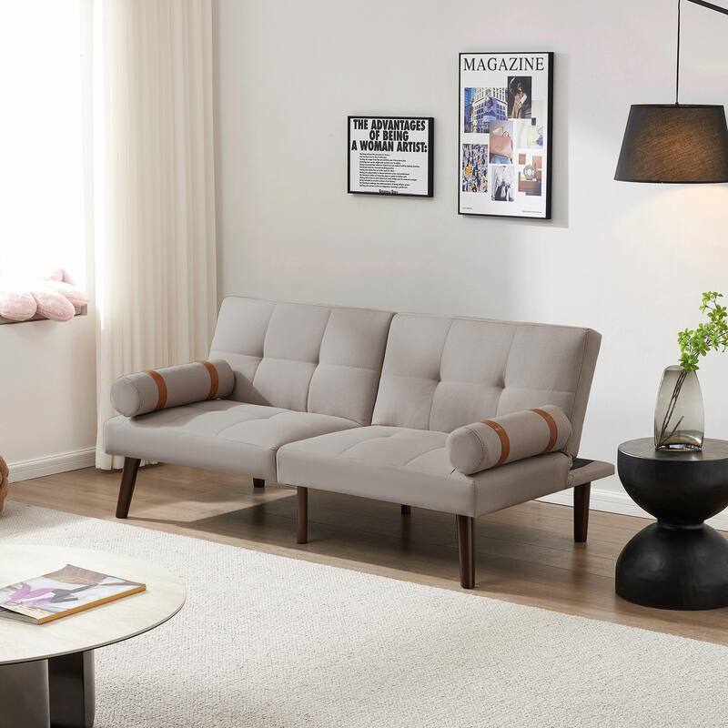 Convertible Sofa Bed Futon with Solid Wood Legs in Linen Fabric