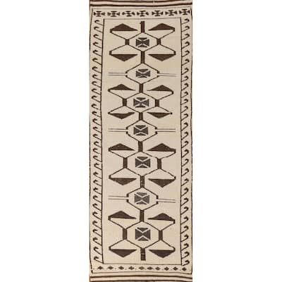 Natural Dye Beige Tribal Anatolian Runner Rug Handmade Wool Carpet - 3'6"x 11'4"