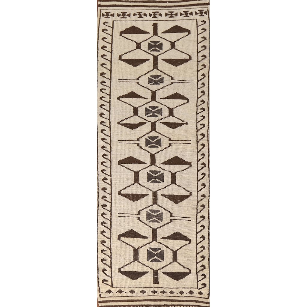 Natural Dye Beige Tribal Anatolian Runner Rug Handmade Wool Carpet - 3'6"x 11'4"