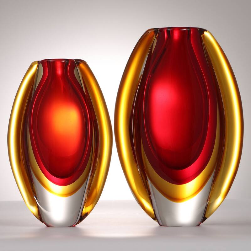 Luxury Lane Hand Blown Sommerso Oval Art Glass Vase 8.5-10 inch tall - Red - 8.5