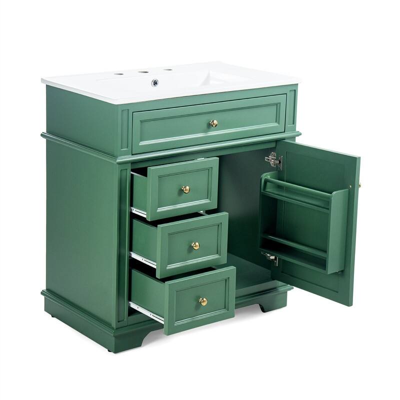 30" Bathroom Vanity with Ceramic Sink, Bathroom Vanity Cabinet with 3 Drawers, 1 Tip-out Drawer, Door Shelf & Soft Closing Door