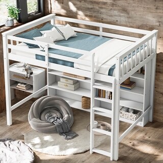 Modern Twin Size Loft Bed With 8 Open Storage Shelves and Built-in Ladder for Bedroom