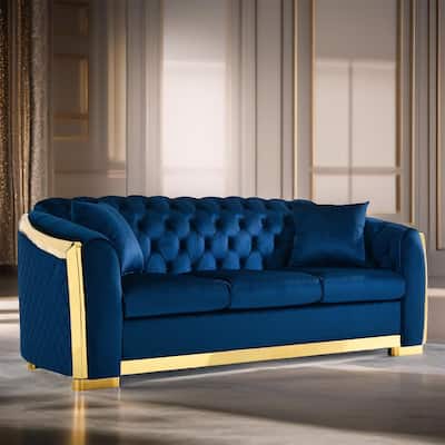 Navy Blue Fabric Velvet Tufted 3 Seat Couch
