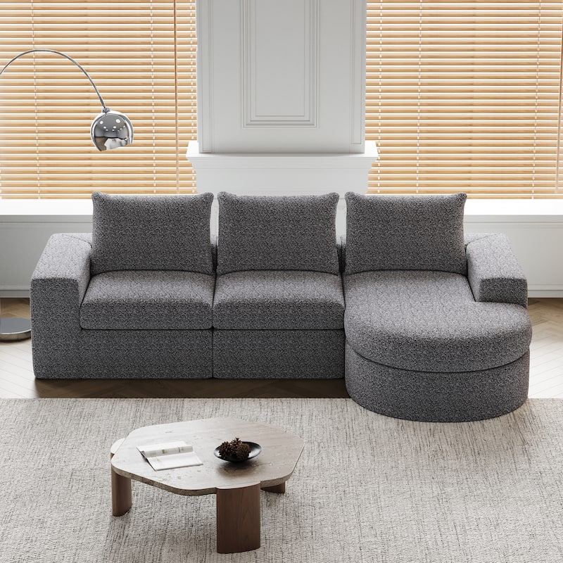 Chenille Cloud Deep Seat Couch L-shape Sectional Sofa w/ Curved Chaise - Grey