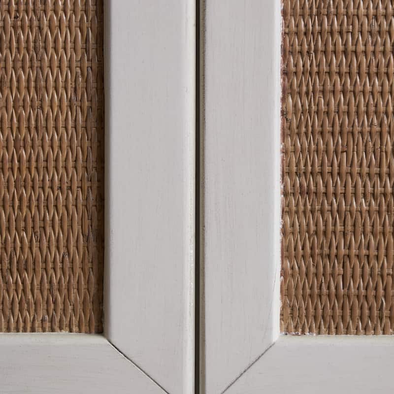 Wooden 4 Door Sideboard with Brown Woven Rattan Doors and Metal Base - White - Roche River Decor - 16"W x 60"L x 31"H