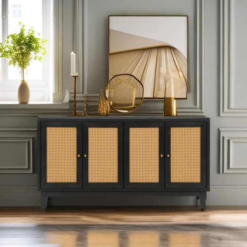 Black Rattan Sideboard Buffet Cabinet with Handcrafted Premium Grain Panels, 4 Rattan Doors and Adjustable Shelves