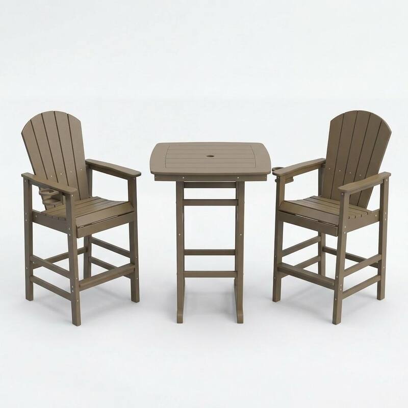 3-Piece HDPE Bar-Height Patio Set, 42.1" Square High Top Pub Table with Umbrella Hole + 2 Bar Stools with Cup Holders
