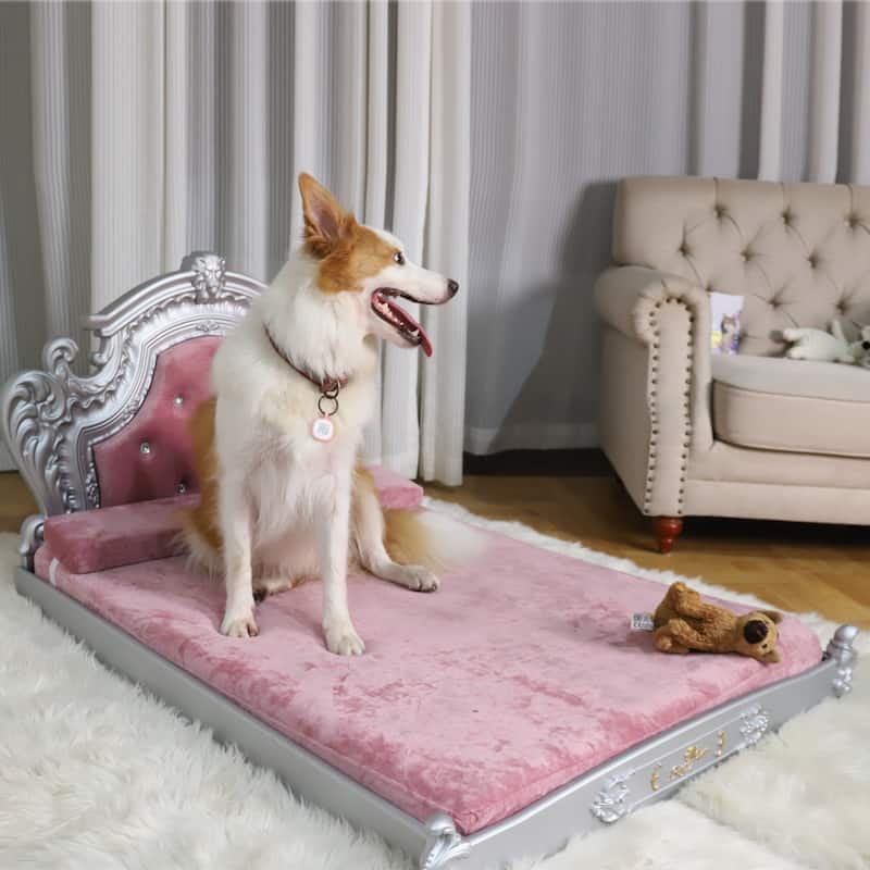 Silver Baroque Soft Velvet Cover Dog Bed Pet Sofa Furniture With Tufted Headboard Diamonds Decor
