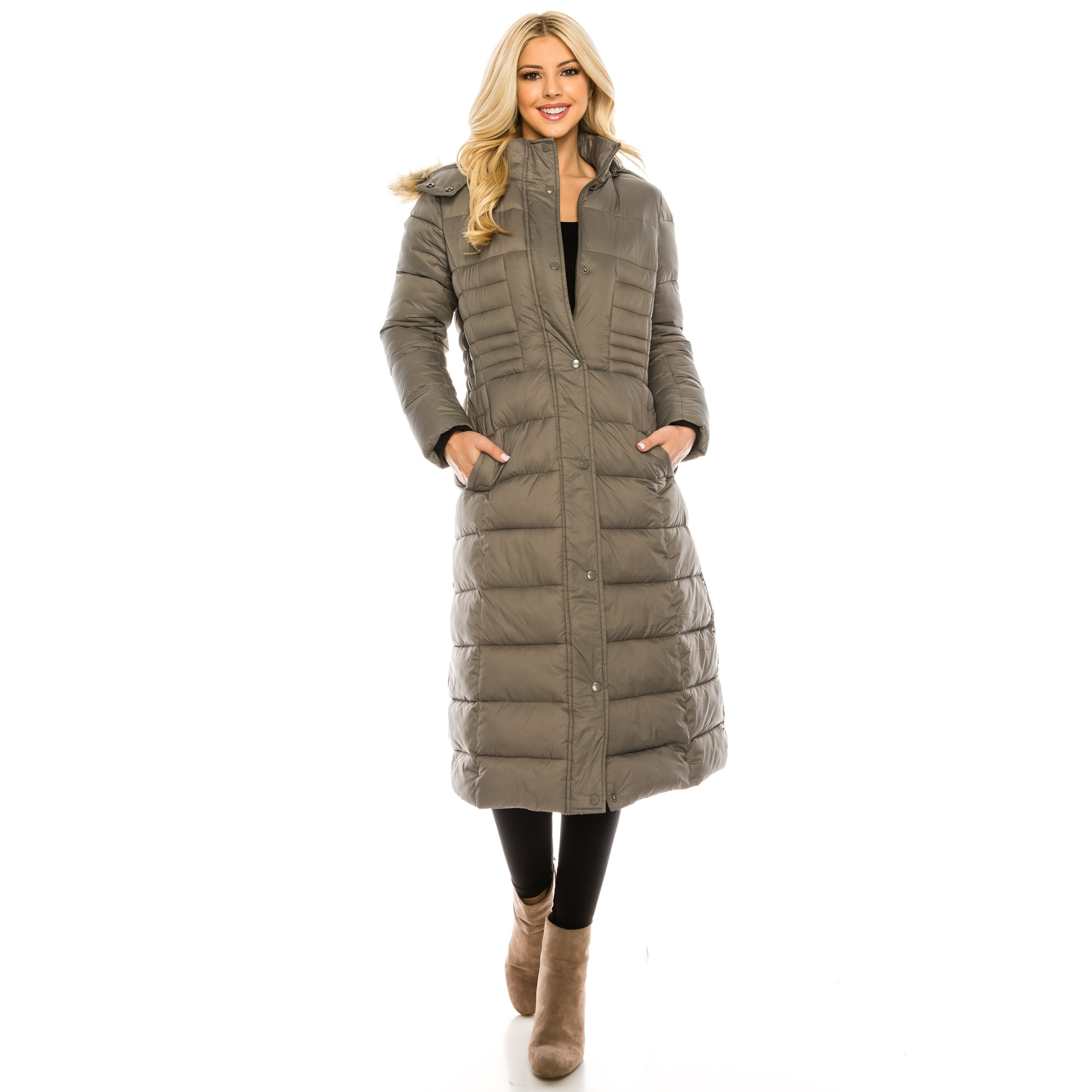 Tag M= US S, Gray Forthery Womens Long Puffer Jacket with Plush Lined Fur Trim Hood Down Coats