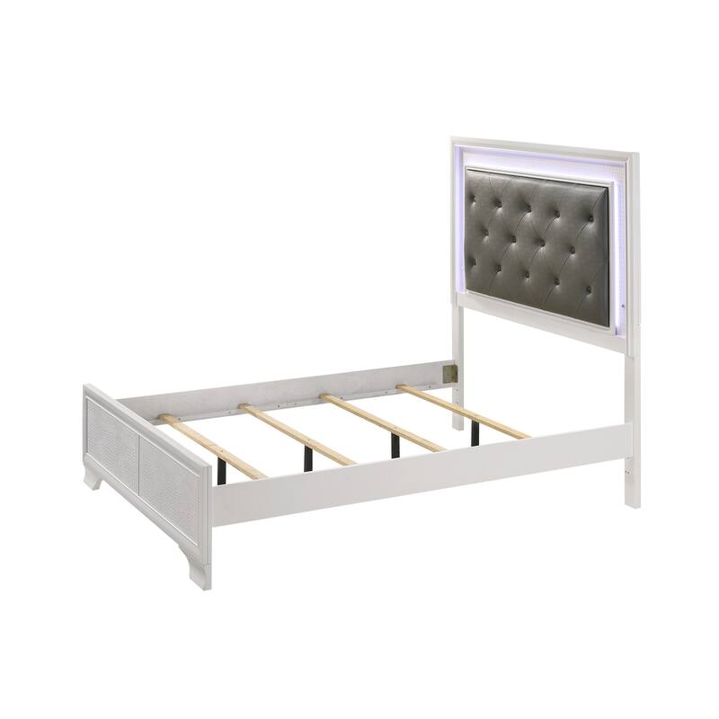 Queen Size LED Panel Bed with White Crocodile Finish and Upholstered Headboard