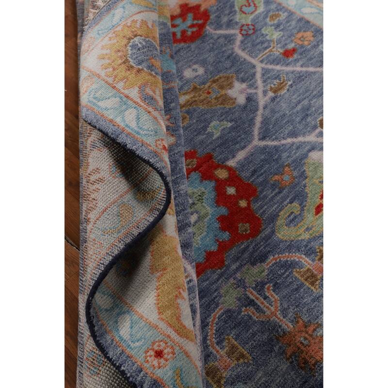 All-Over Blue Floral Oushak Indian Area Rug Hand-Knotted Wool Carpet - 7'11" X 9'9"