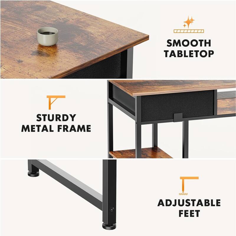 Computer Desk 48 Inch Home Office Bedroom Writing Study PC Table with Fabric Drawers Storage Shelves Space Side Bag