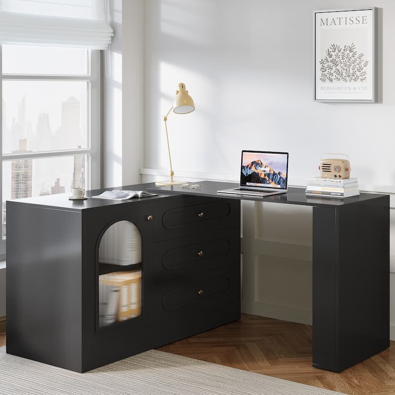 Modern 360° Rotatable Computer Desk, Executive Desk with 3 Drawers