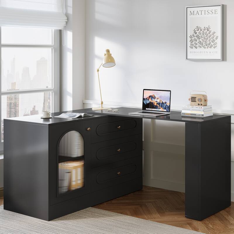 Modern 360° Rotatable Computer Desk with 3 Drawers, L Shaped Corner Executive Desk