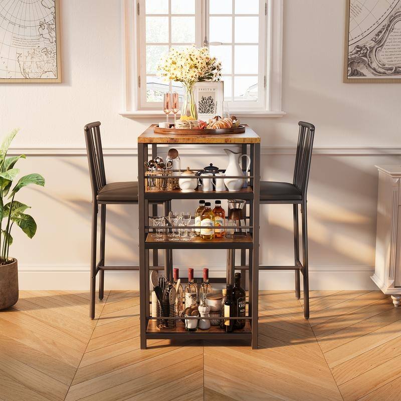 3 Pieces Bar Table Set and Chairs Set for 2 with 3 Storage Shelves