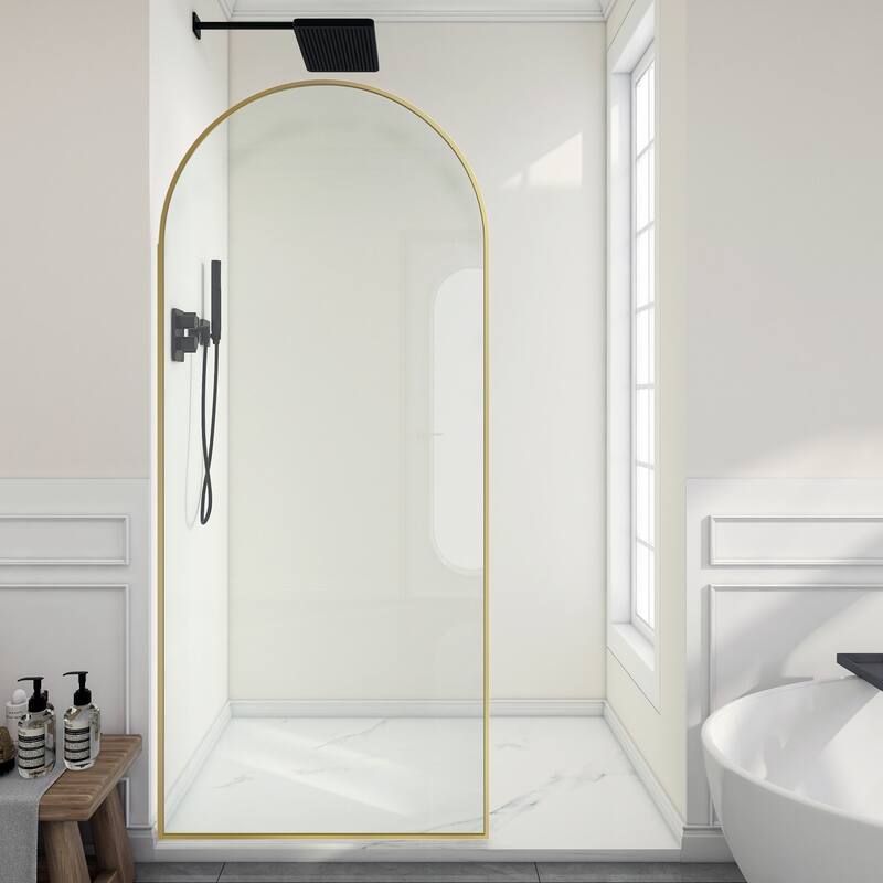 Ember Series 34 in. W x 78 in. H Fixed Framed Shower Door in Black, Gold or Nickel Finish with Clear or Fluted Glass - Brushed Gold
