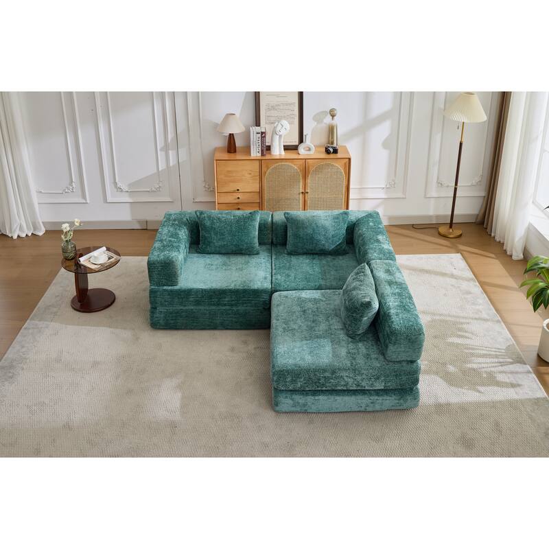 Chenille Fabric Compression Sofa, Boneless Modular Sectional Sofa, Convertible Floor Sofa Bed with Fixed-Shape Frame