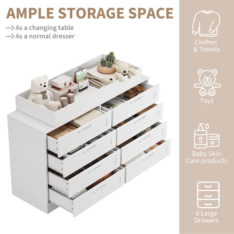 Baby Changing Dresser with 8 Drawers - Wooden Nursery Changing Table Station with Open Shelf