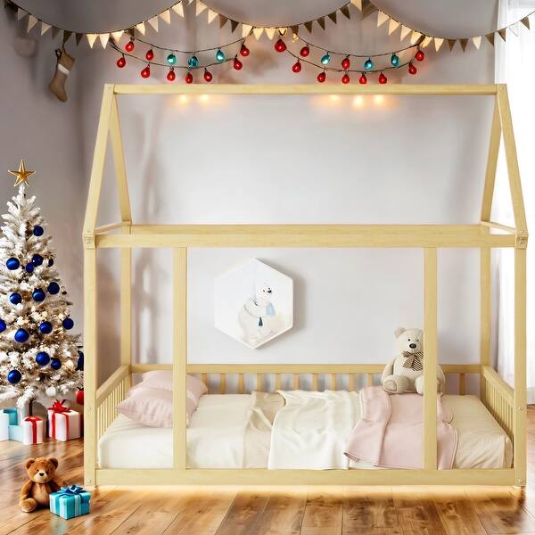 slide 2 of 13, Full Size Floor Wooden House Bed with House Roof Frame and Safety Guardrails For Home Natural