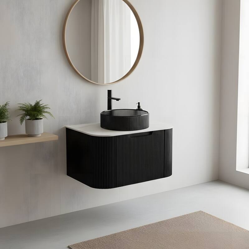 Wall Mounted Bathroom Vanity with Transparent Black Round Glass Basin