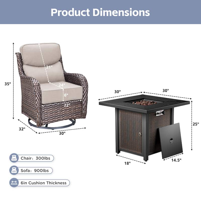 Arcadia 5-Piece Wicker Patio Set with 4 Swivel Glider Chairs and Square All-Iron Fire Pit