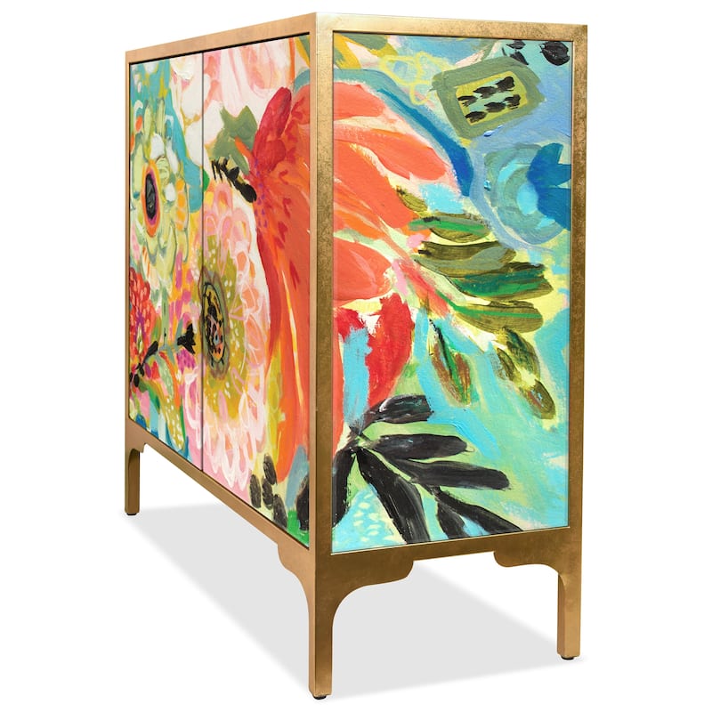 "Secret Garden Floral" Cabinet Console Table on Beveled Reverse Printed Art Glass with Iron Gold Leafed Frame