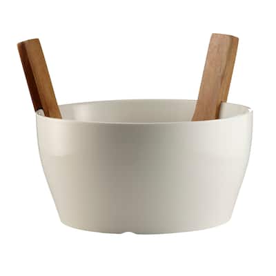 Porcelain Salad Bowl With Acacia Servers 3 Piece Set - 10