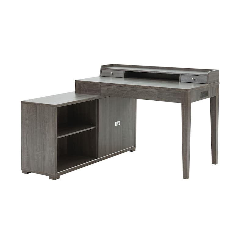 L-Shaped Workstation Home Office Desk Grey Mini Hutch Return Credenza Sliding Door Aluminum Metal Hardware